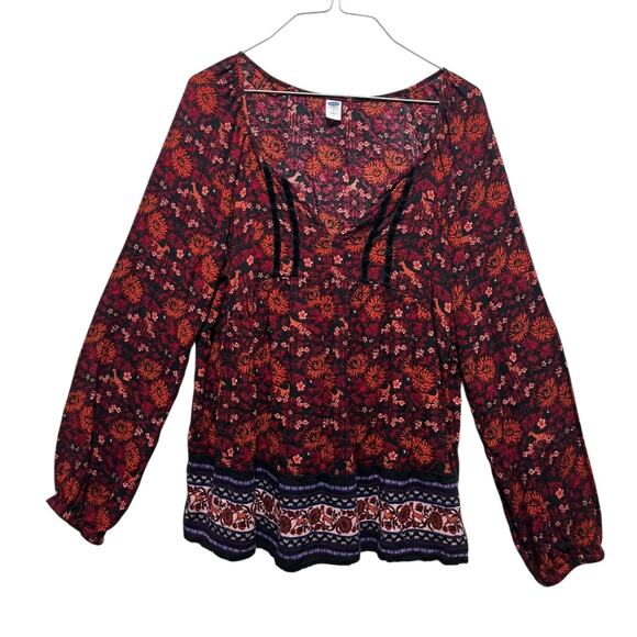 Old Navy Women’s Floral Boho Peasant Blouse M | Long Sleeve Tassel Top - Picture 2 of 14